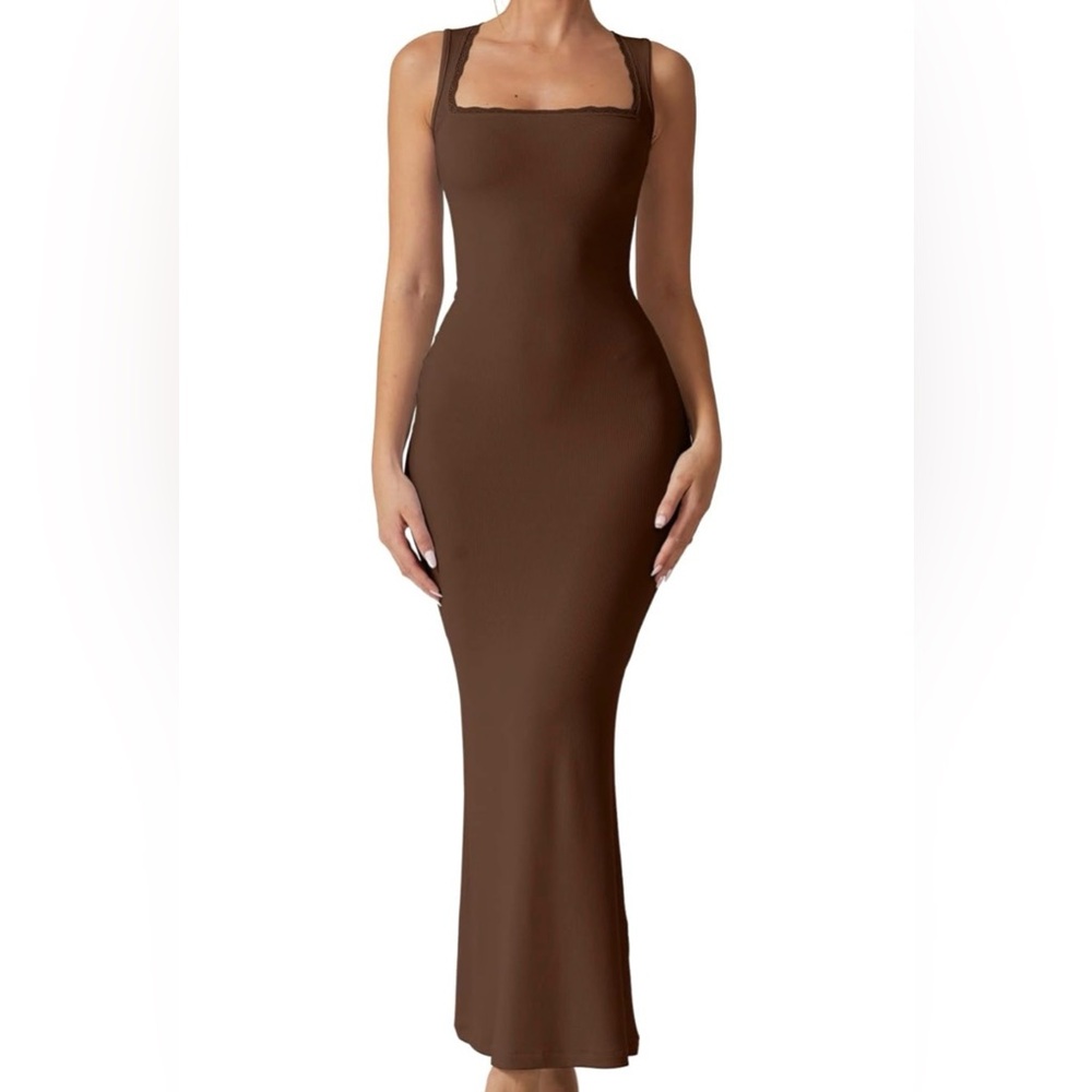 Qinsen (Amazon) Lace Square Neck Maxi Dress Brown Size M NWT